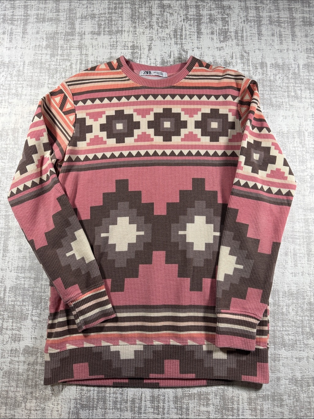 Zara Pink, Brown & Cream Geometric Long Sleeve Sweater womens sz M 26.5X18.5PTP